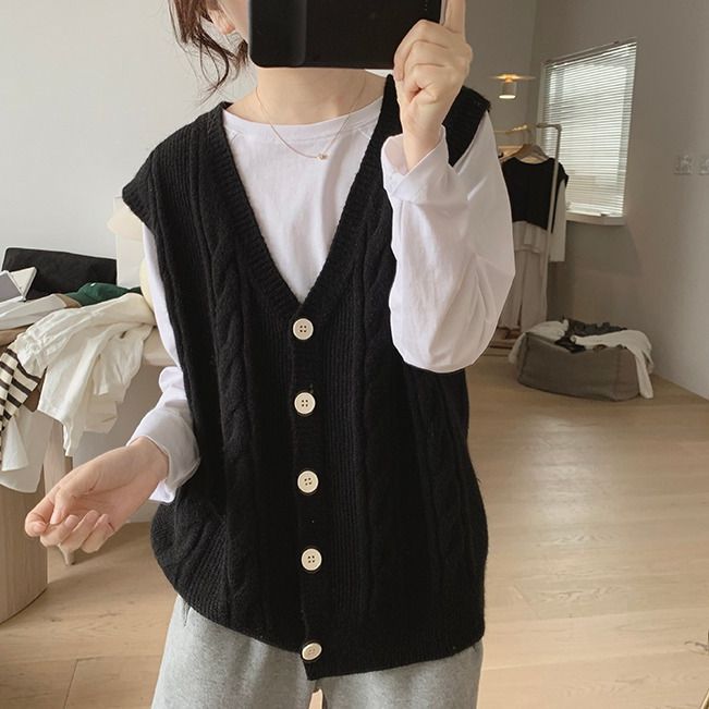 Cable Knit Sleeveless V-Neck Single-Breasted Cardigan Vest, Loose Fit Sweater Vest for Layering