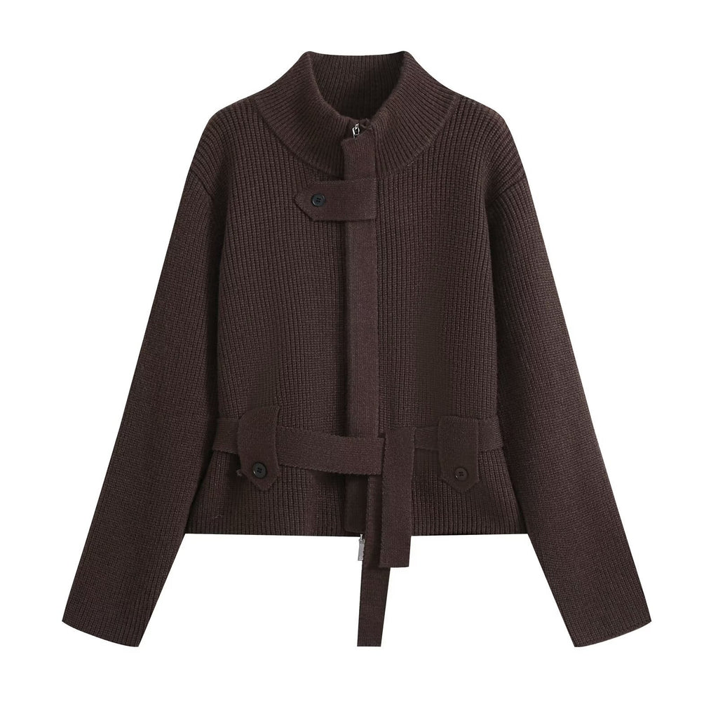 Half high collar zipper cardigan sweater