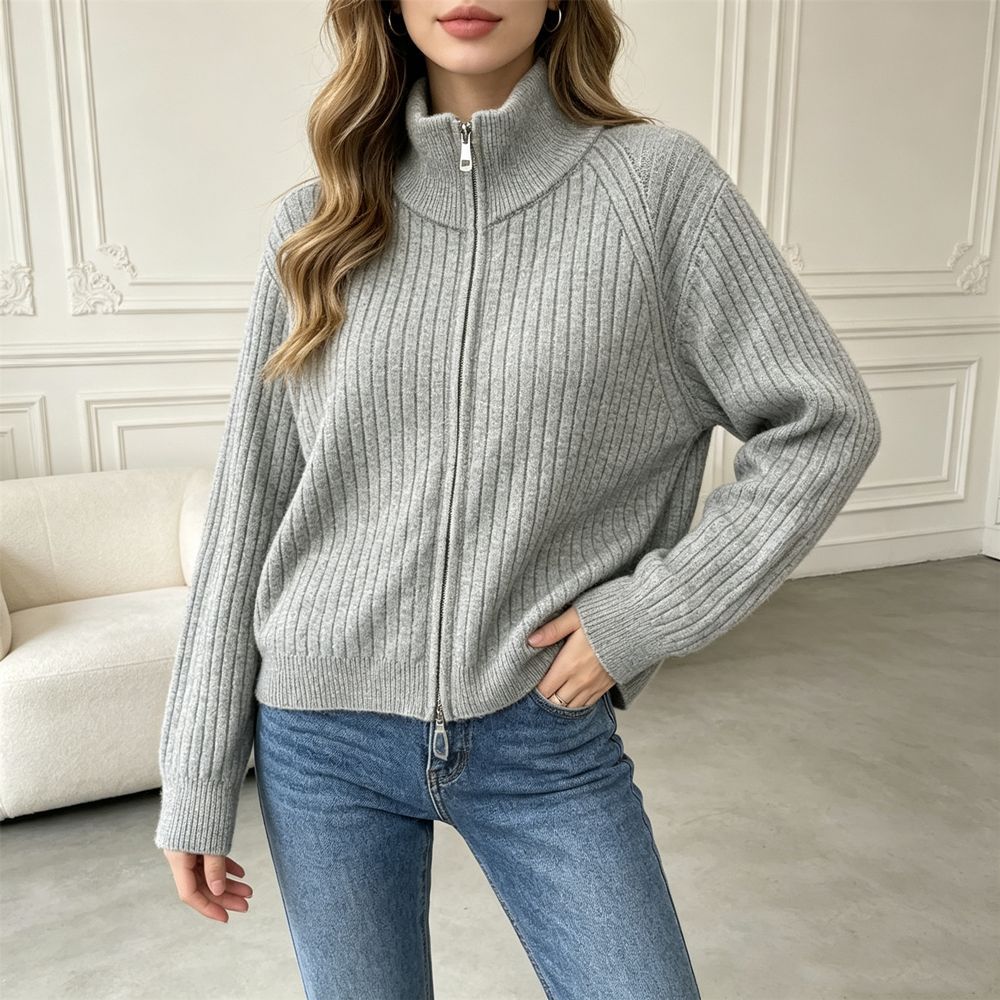Stand up collar double zipper sweater for women