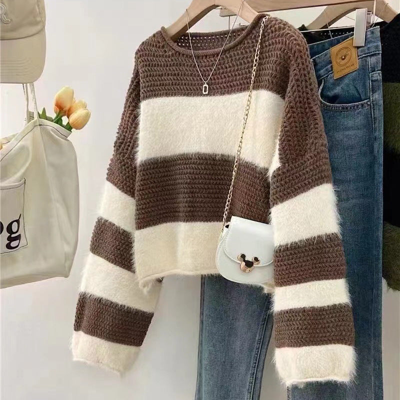 Color Block Striped Knit Pullover Sweater for Women, Loose Fit Top