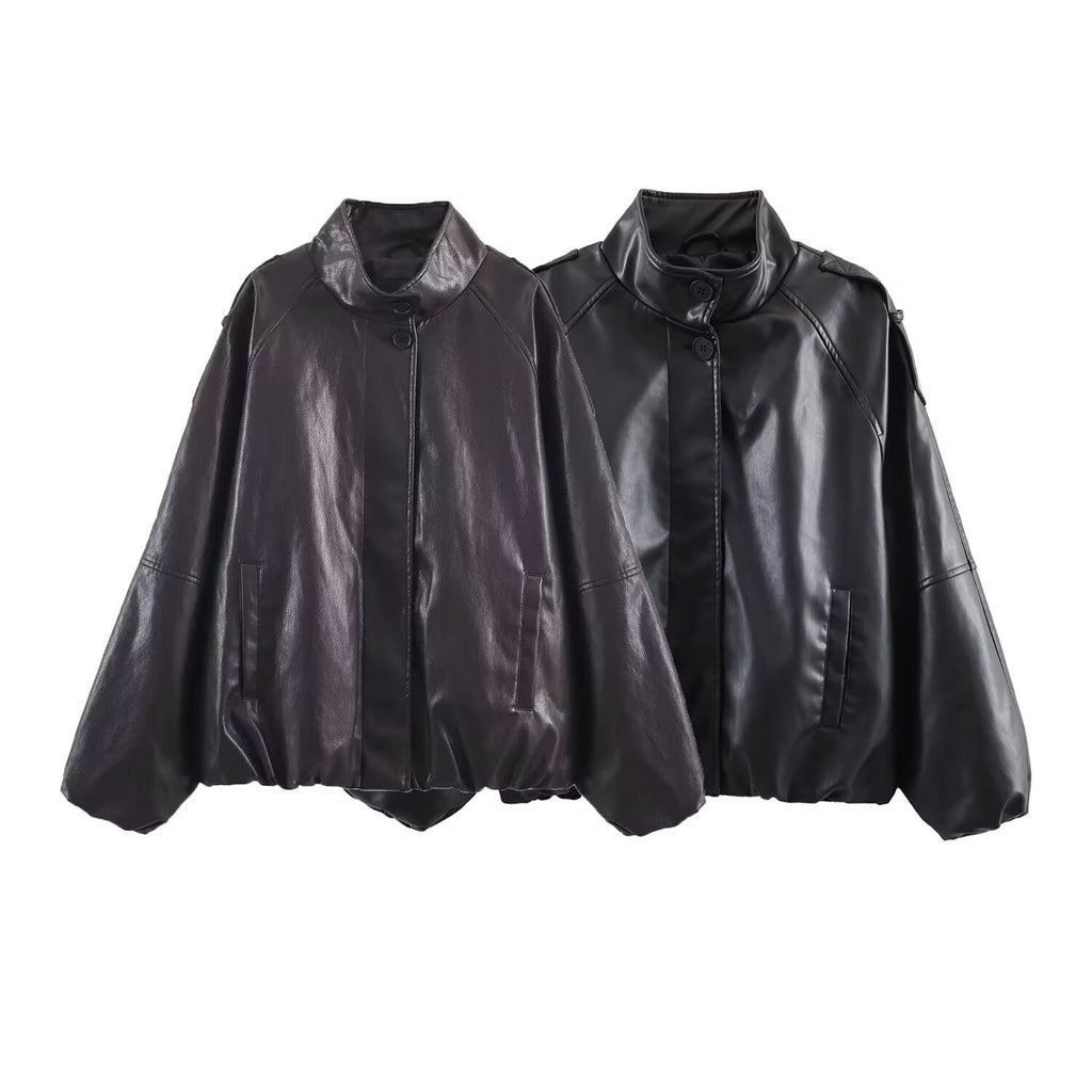 Imitation leather stand up collar jacket jacket