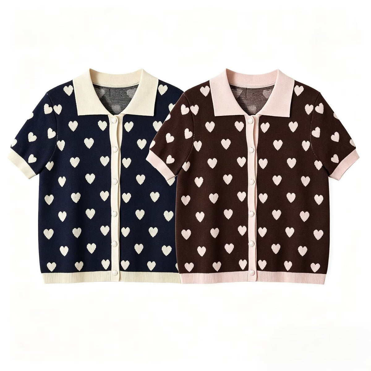 Breasted contrasting heart-shaped jacquard knitted sweater for women