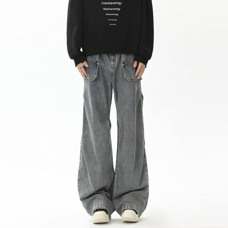 Retro pleated washed denim jeans for men