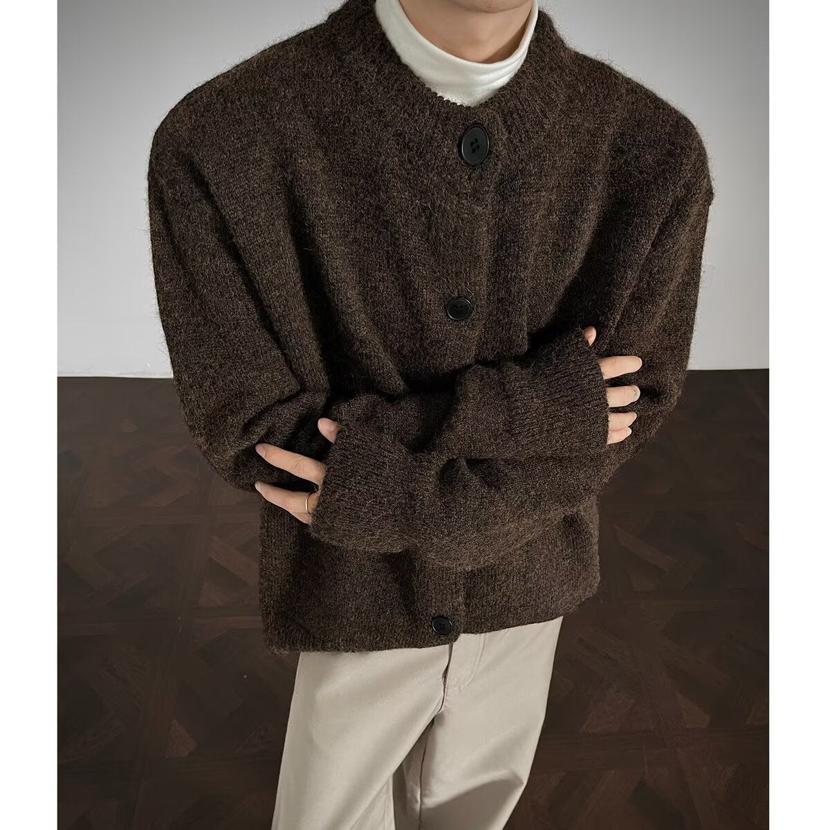Men's Clean Fit Dark Gray Chanel-Style Short Open Front Knit Cardigan