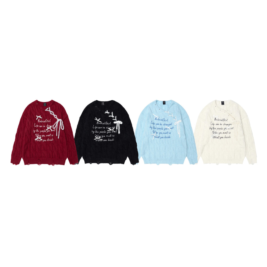 Bow tie tied letter printed sweater