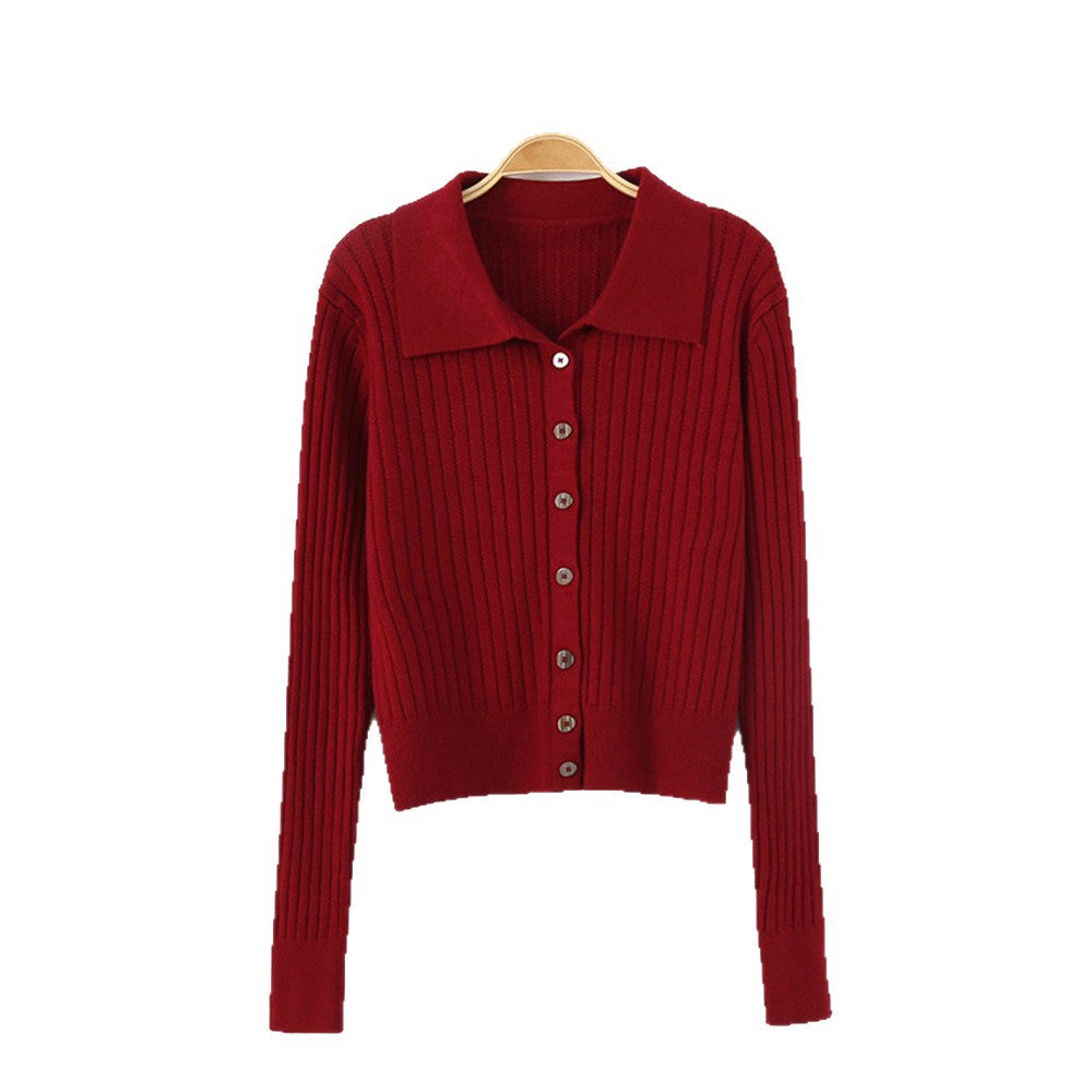 Polo collar solid color cardigan sweater for women