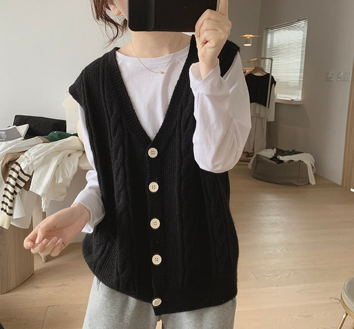 Cable Knit Sleeveless V-Neck Single-Breasted Cardigan Vest, Loose Fit Sweater Vest for Layering