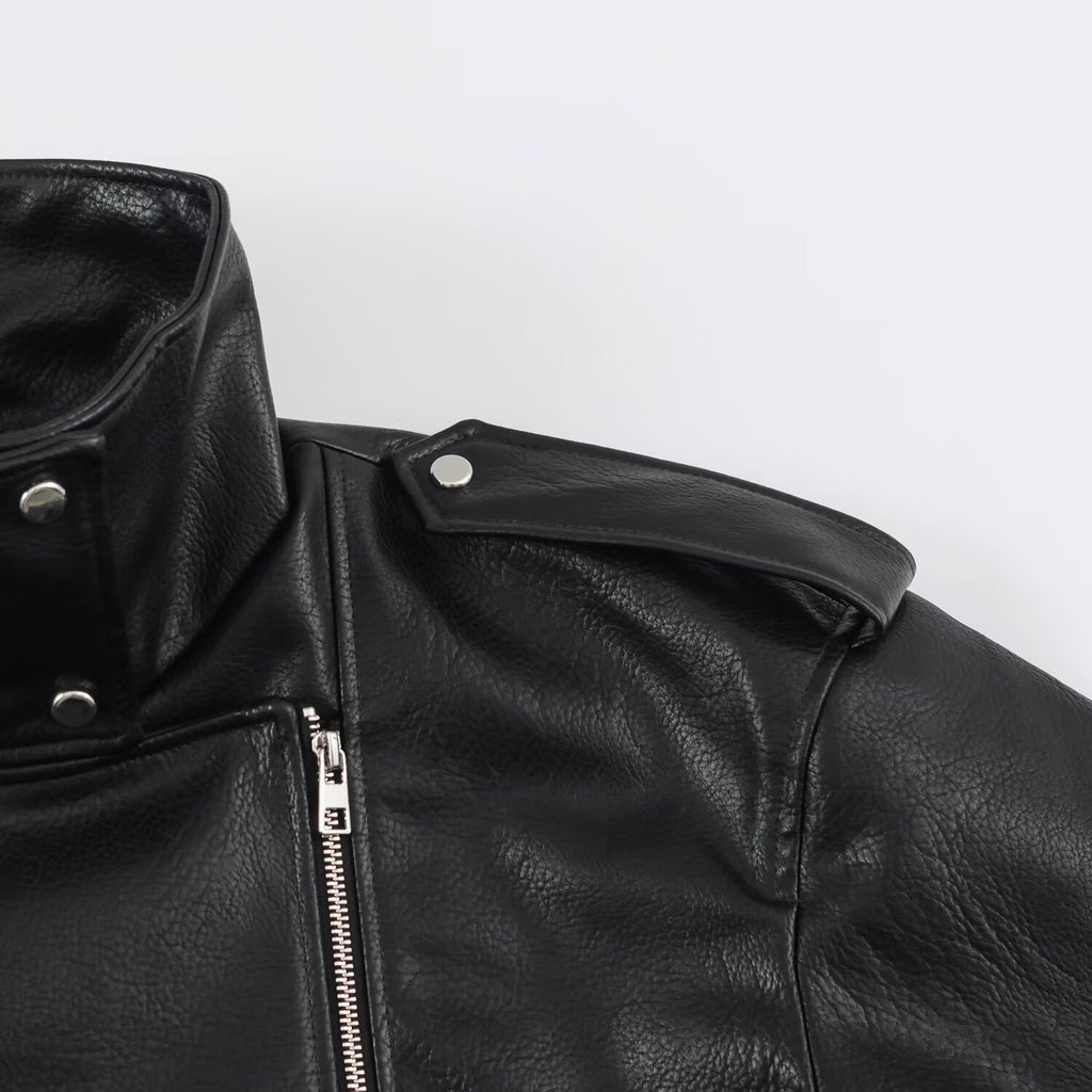 Leather motorcycle jacket with waistband