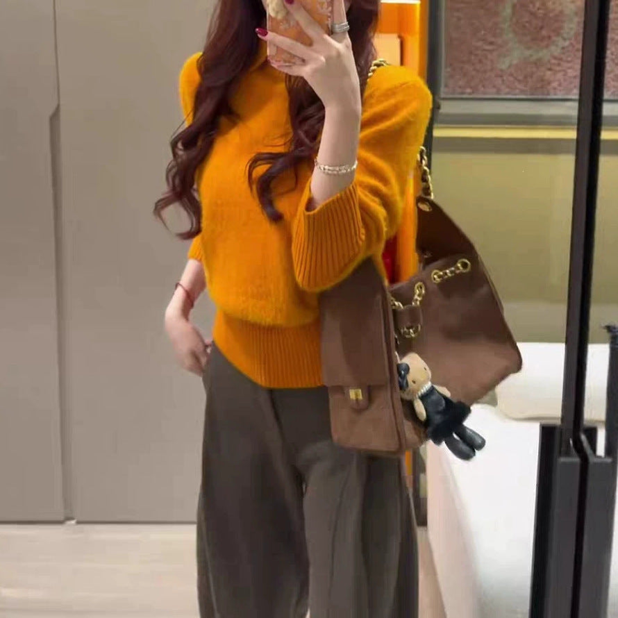 Women's Lapel Collar Long Sleeve Soft Faux Mink Knit Sweater