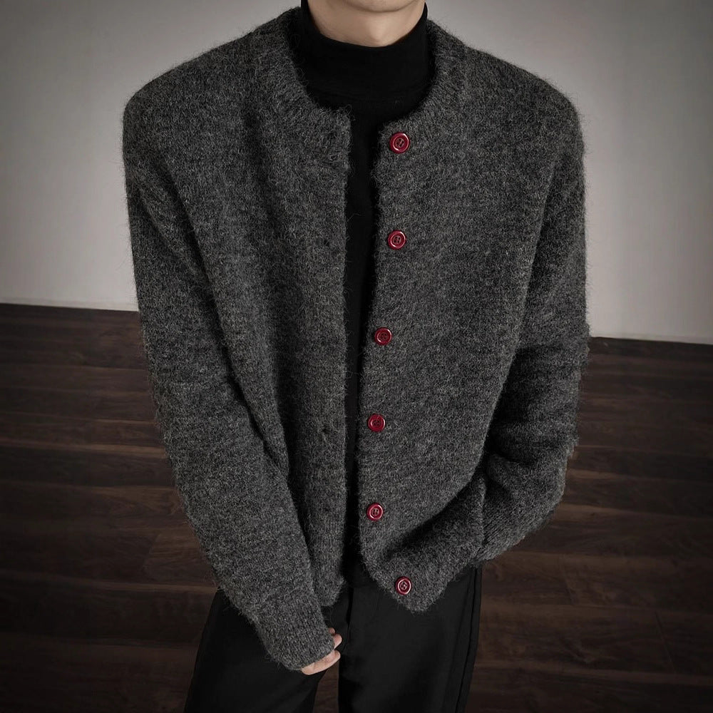 Men's Clean Fit Dark Gray Chanel-Style Short Open Front Knit Cardigan