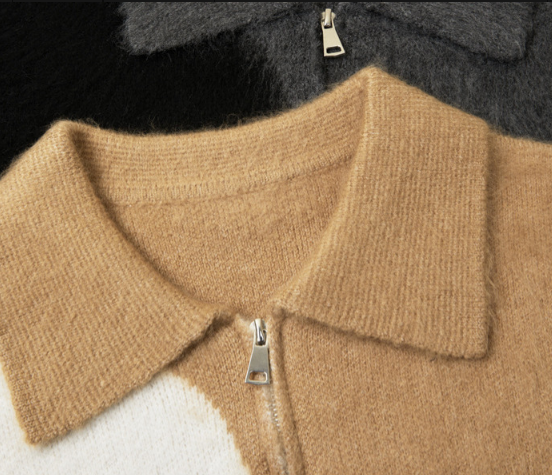 Color blocked lapel long sleeved sweater