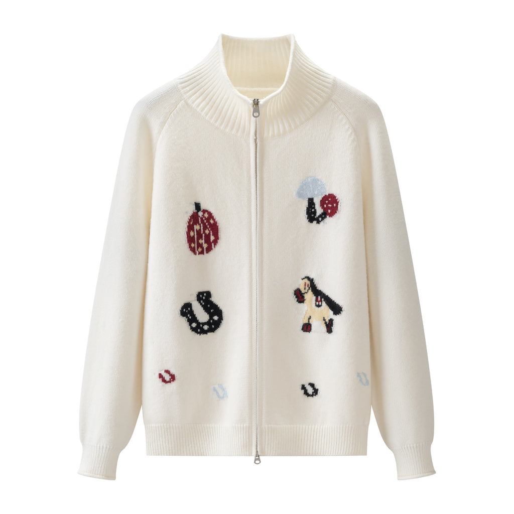 Jacquard Mock Neck Knit Zipper Cardigan