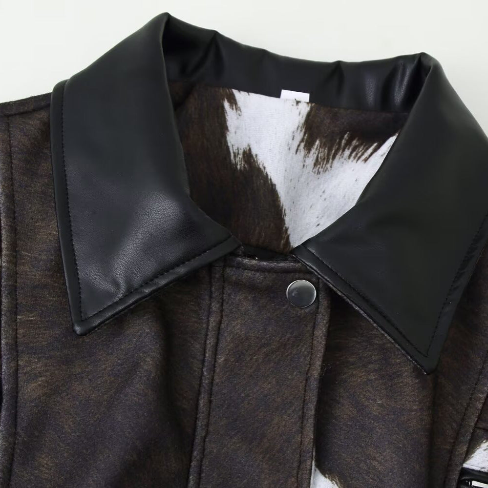 Printed leather jacket short jacket outside