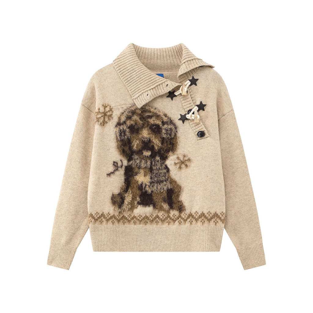 Cute Dog Flocked Jacquard Star Toggle Turn-down Collar Loose Knit Sweater