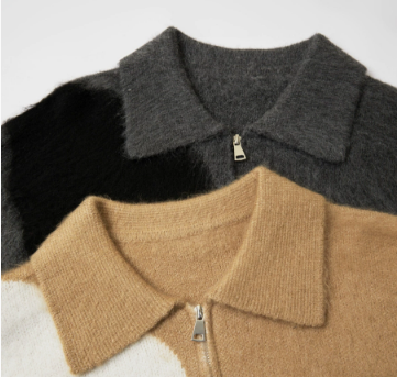 Color blocked lapel long sleeved sweater