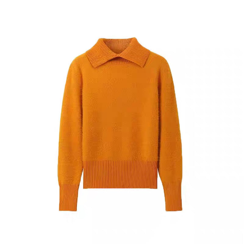 Women's Lapel Collar Long Sleeve Soft Faux Mink Knit Sweater