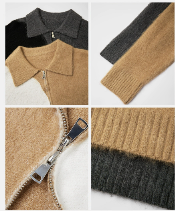 Color blocked lapel long sleeved sweater