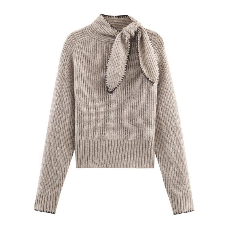 Casual bow tie tie tied long sleeved knitted sweater