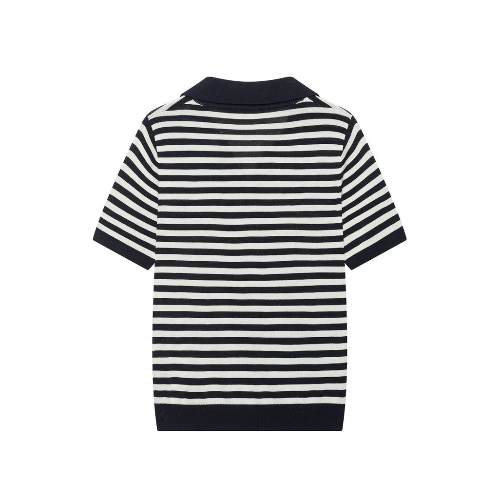 Casual slim fit lapel short sleeved striped knitted sweater for women