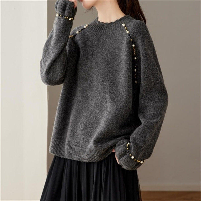 Women's Style Beaded Lurex Knit Crew Neck Pullover Sweater