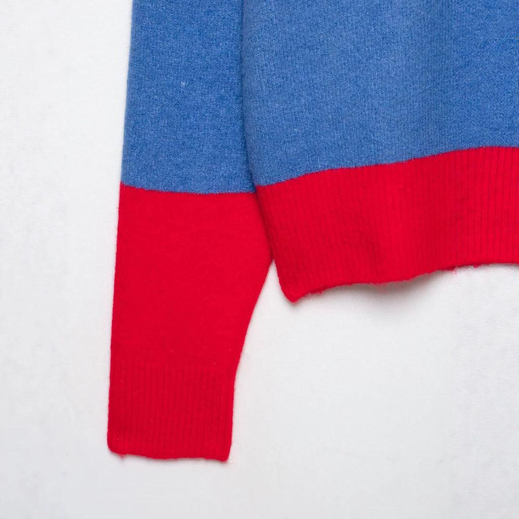 Loose striped shoulder pad contrasting POLO collar knitted sweater for women