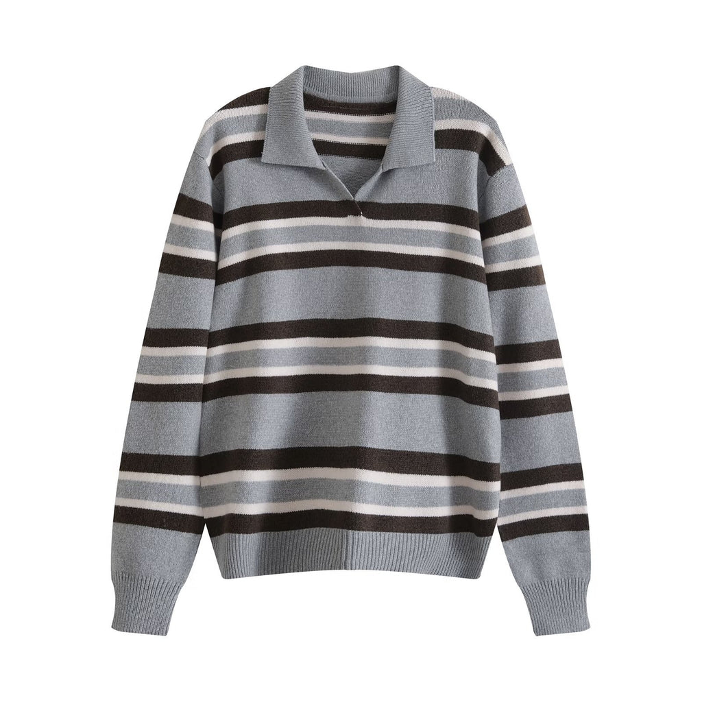 Women's Color-Block Stripe Polo Collar Loose Knit Sweater
