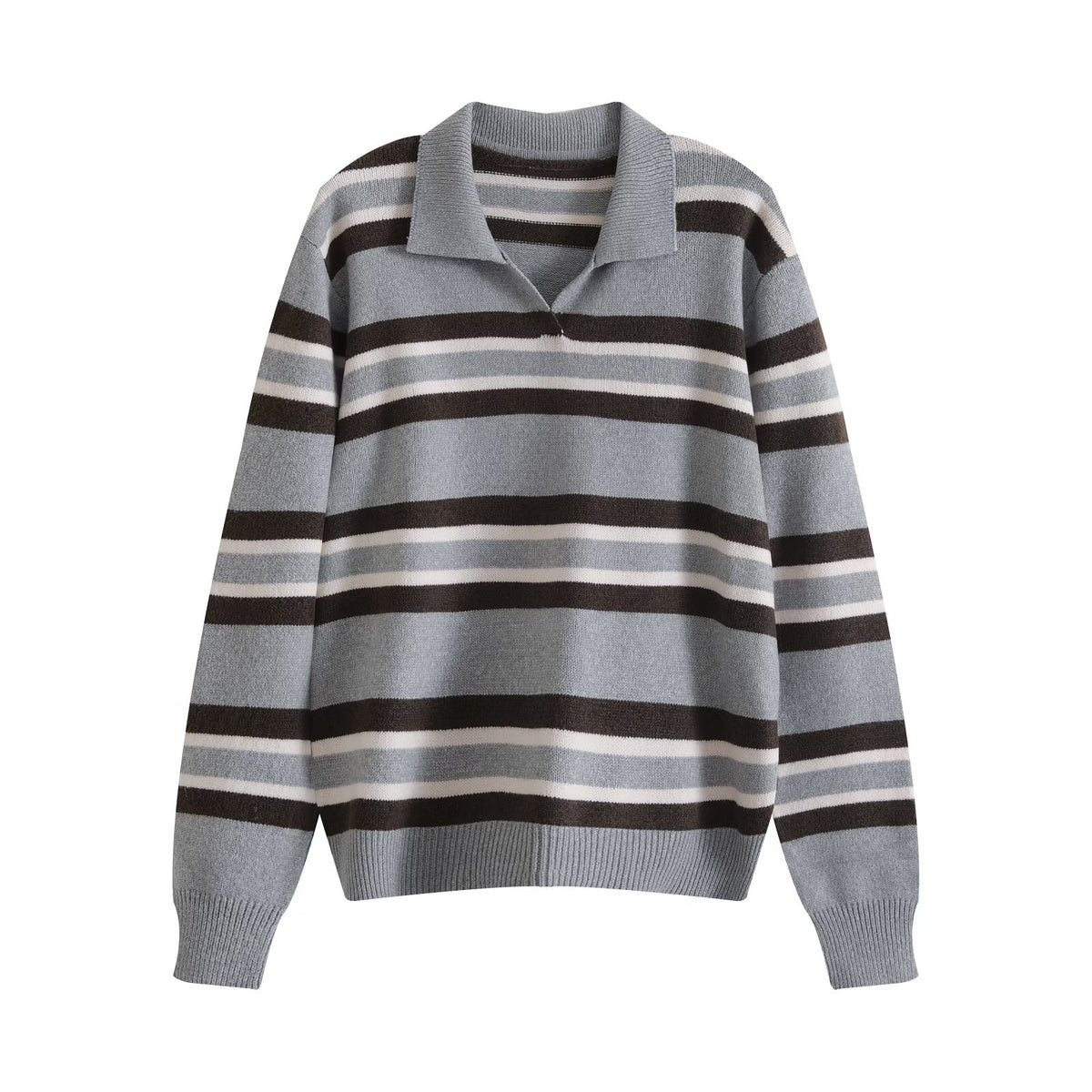 Women's Color-Block Stripe Polo Collar Loose Knit Sweater