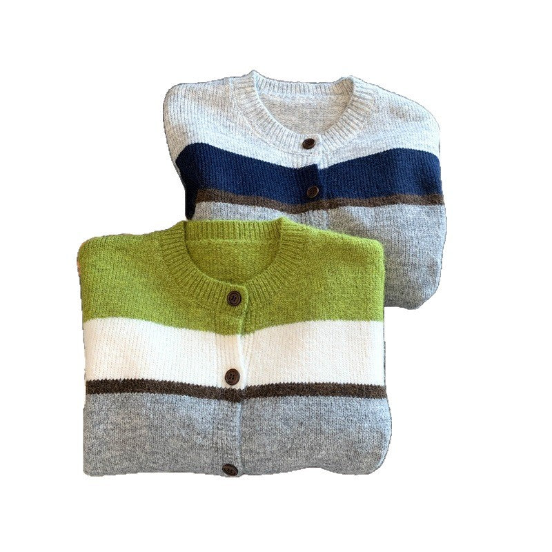 Women's Vintage Color-Block Striped Knit Cardigan Relaxed Fit Sweater Top