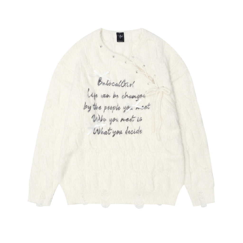 Bow tie tied letter printed sweater