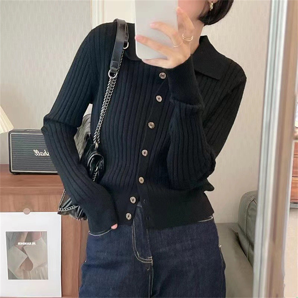 Polo collar solid color cardigan sweater for women