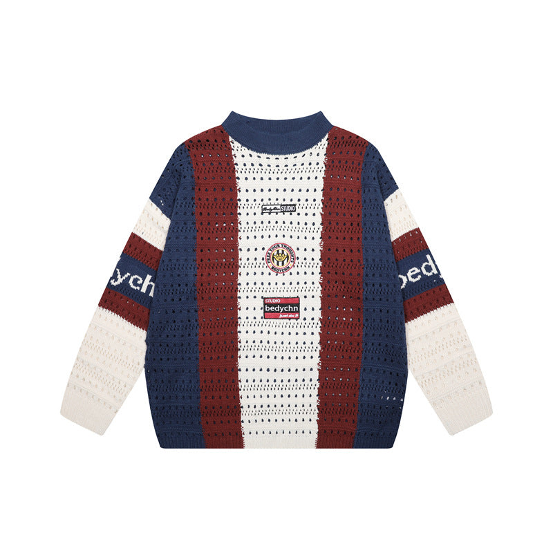 Color blocking vertical stripe hollow sweater