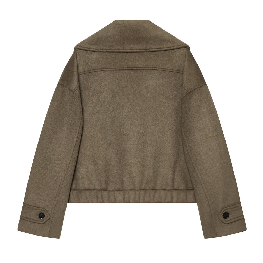 Casual style lapel long sleeved straight tube short zipper jacket