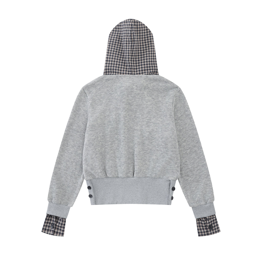 Plaid Patchwork Cropped Long Sleeve Hooded Drawstring Fake Two-Piece Pullover Top