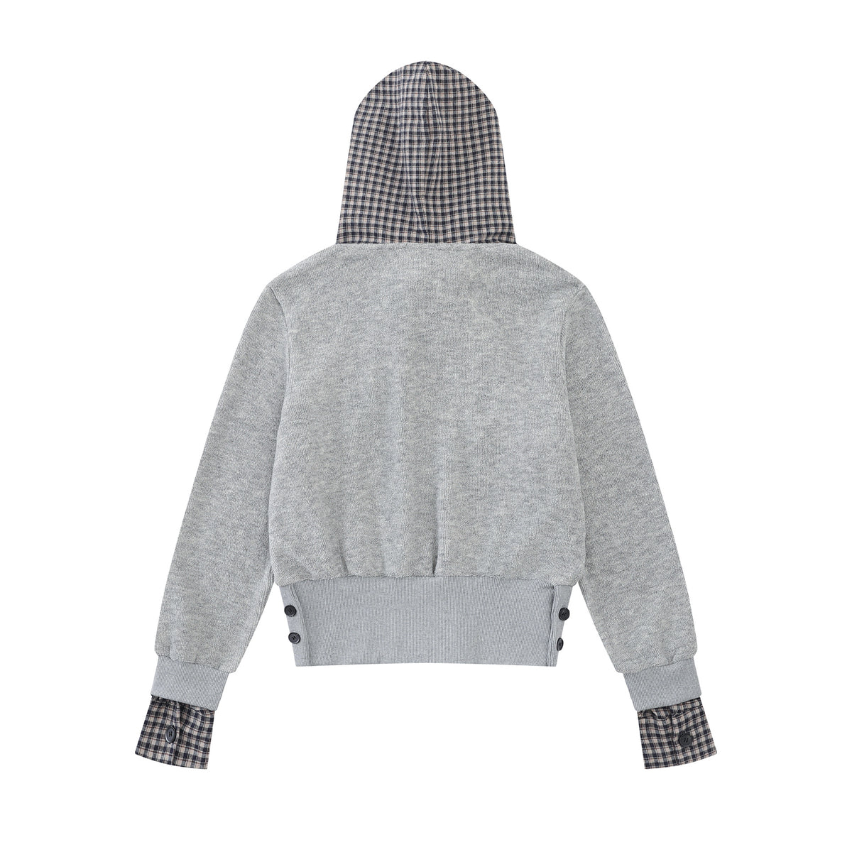 Plaid Patchwork Cropped Long Sleeve Hooded Drawstring Fake Two-Piece Pullover Top