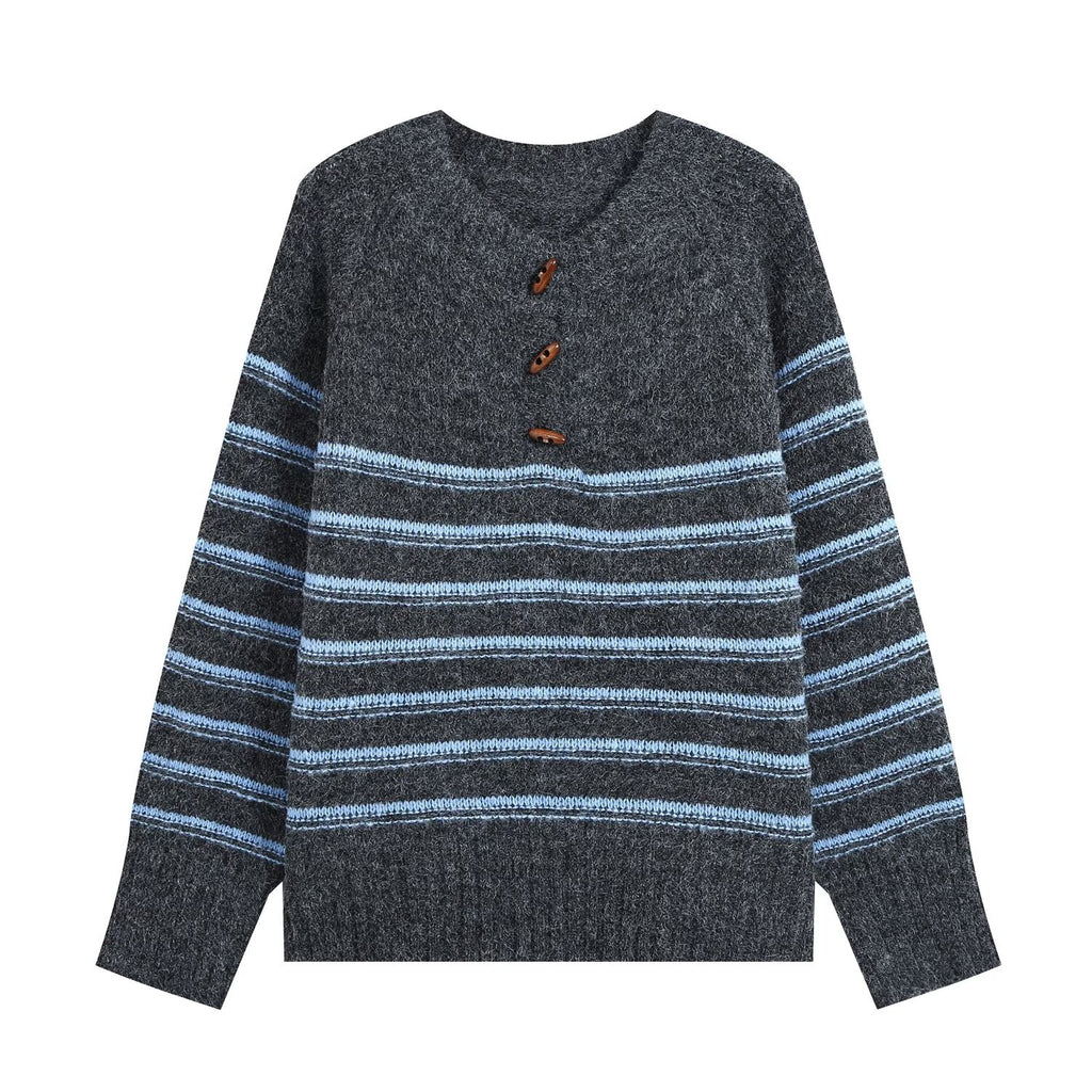 Half open round neck long sleeved striped knitted sweater for women