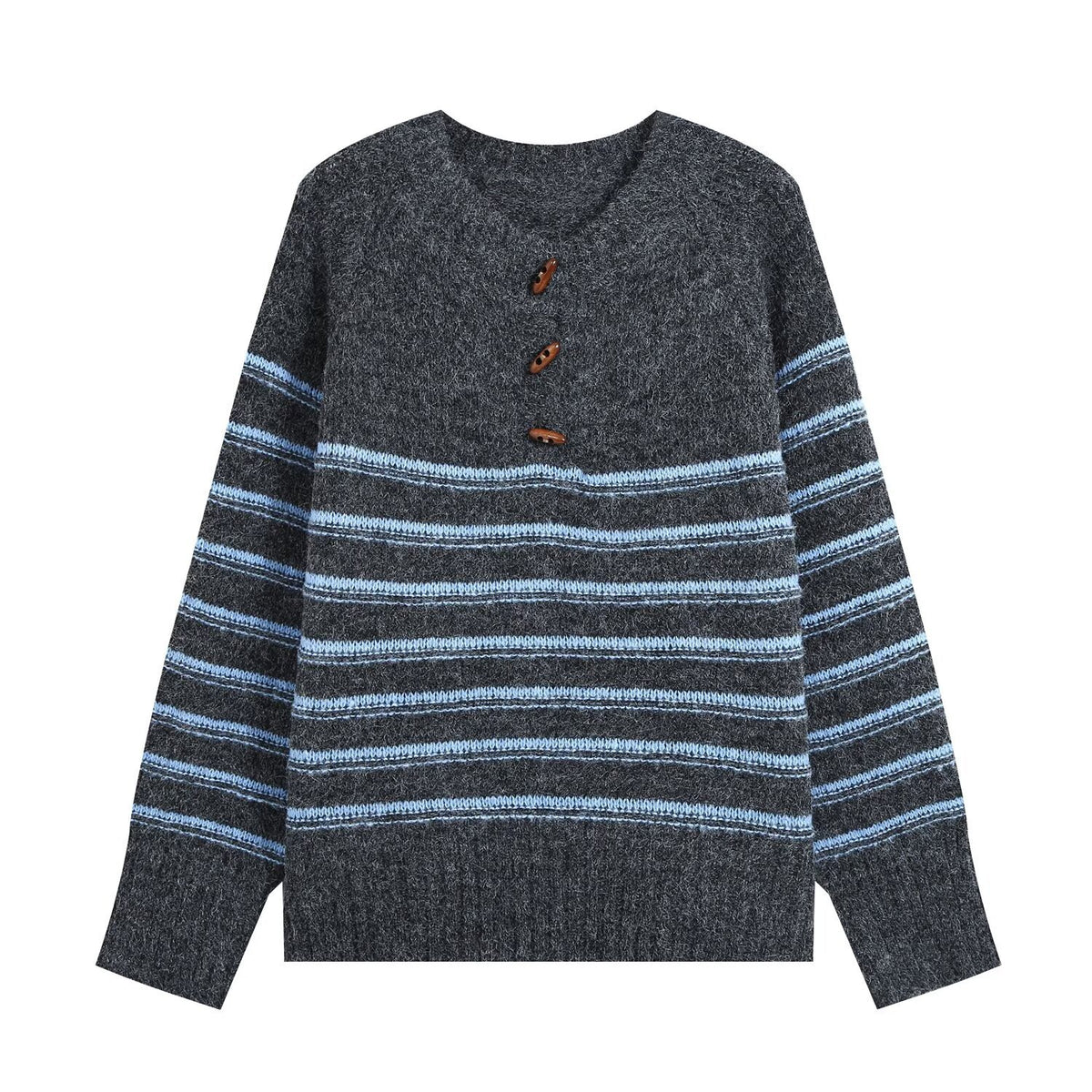 Half open round neck long sleeved striped knitted sweater for women