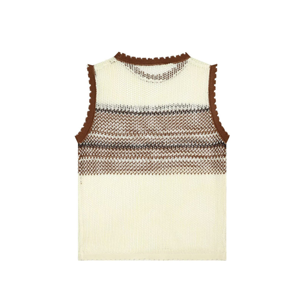 Hollow out contrasting color sleeveless round neck knitted sweater vest for women