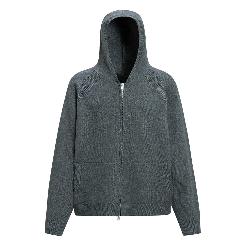 Solid color loose hooded cardigan sweater