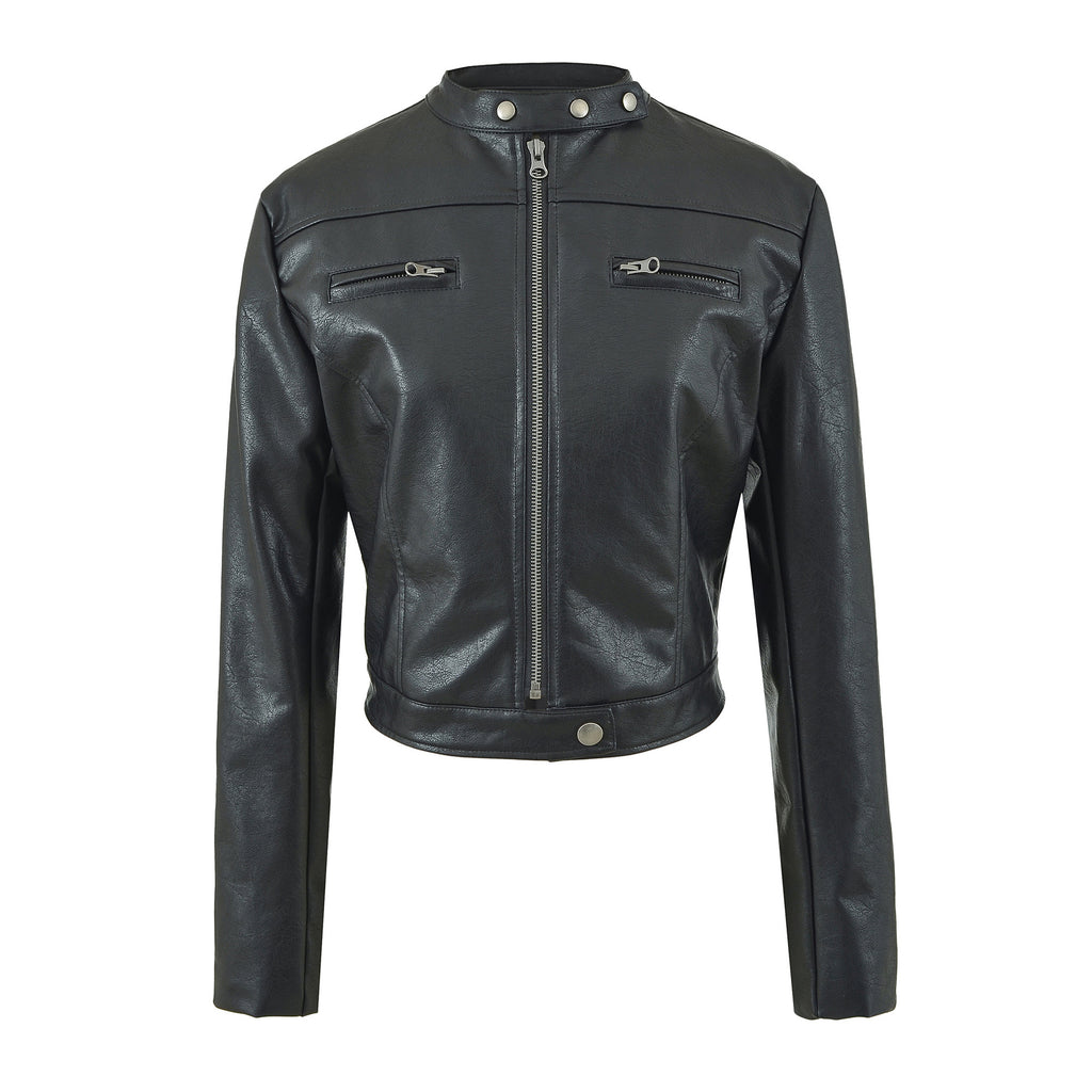 Vintage Brown PU Leather Zip-Up Stand Collar Cropped Jacket
