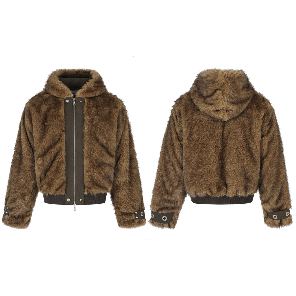 Furry Hooded Double Zipper Cropped Coat