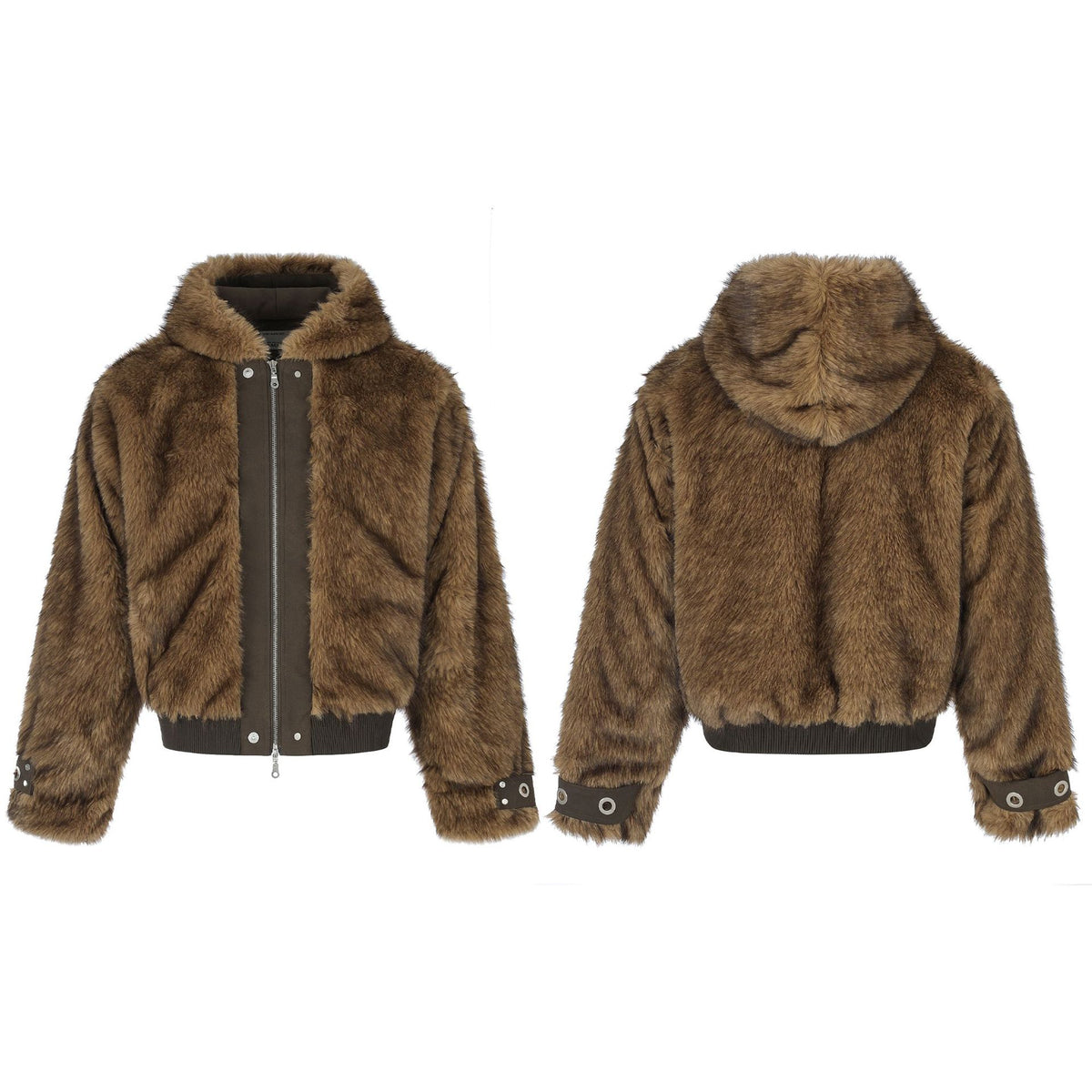 Furry Hooded Double Zipper Cropped Coat