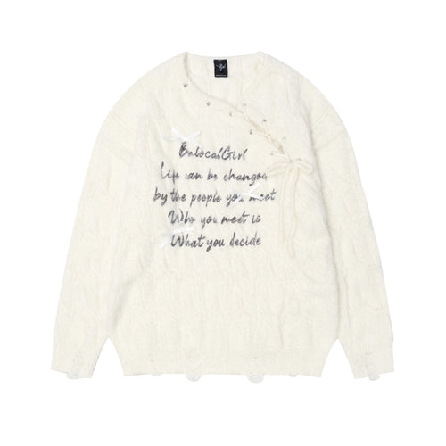 Bow tie tied letter printed sweater