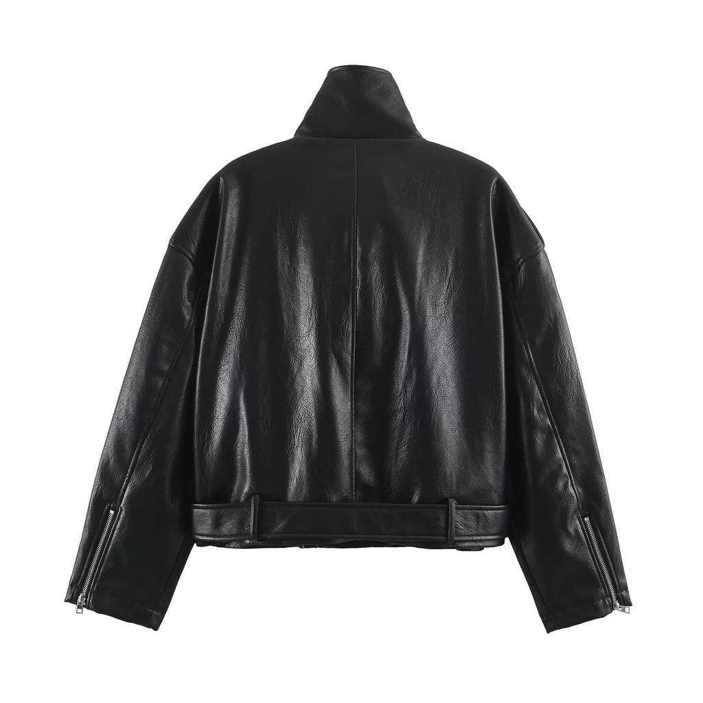 Leather motorcycle jacket with waistband