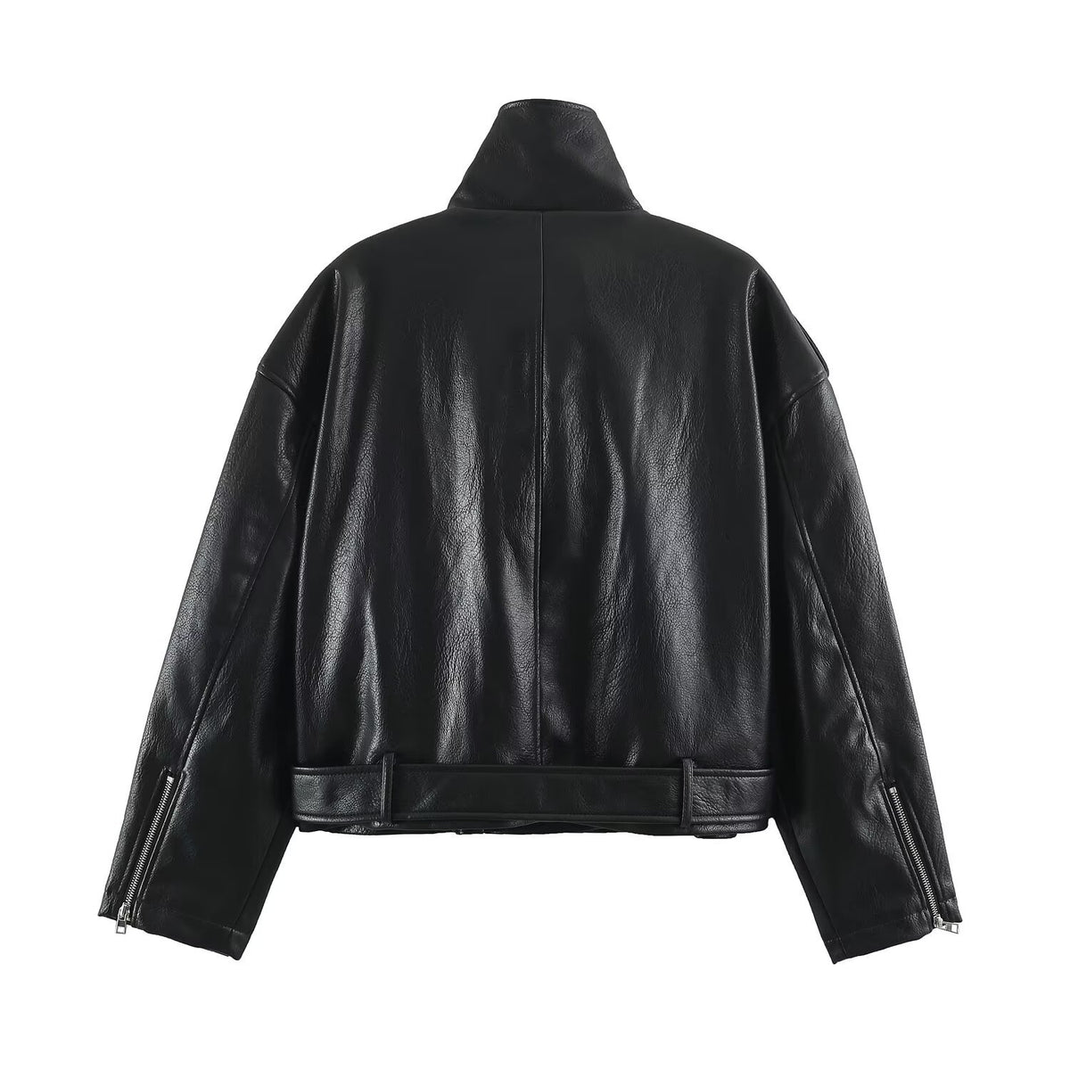 Leather motorcycle jacket with waistband