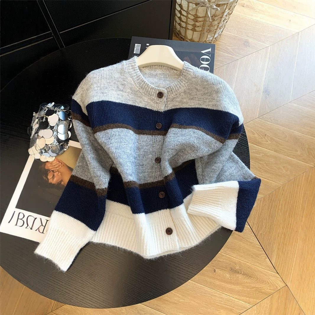 Women's Vintage Color-Block Striped Knit Cardigan Relaxed Fit Sweater Top