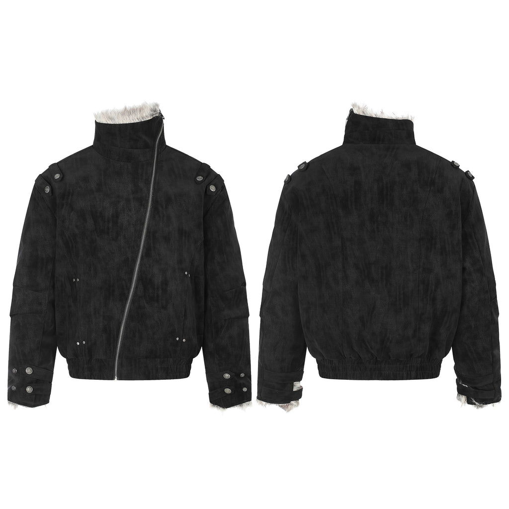 Workwear Faux Suede Diagonal Zipper Large Fur Collar Padded Winter Jacket