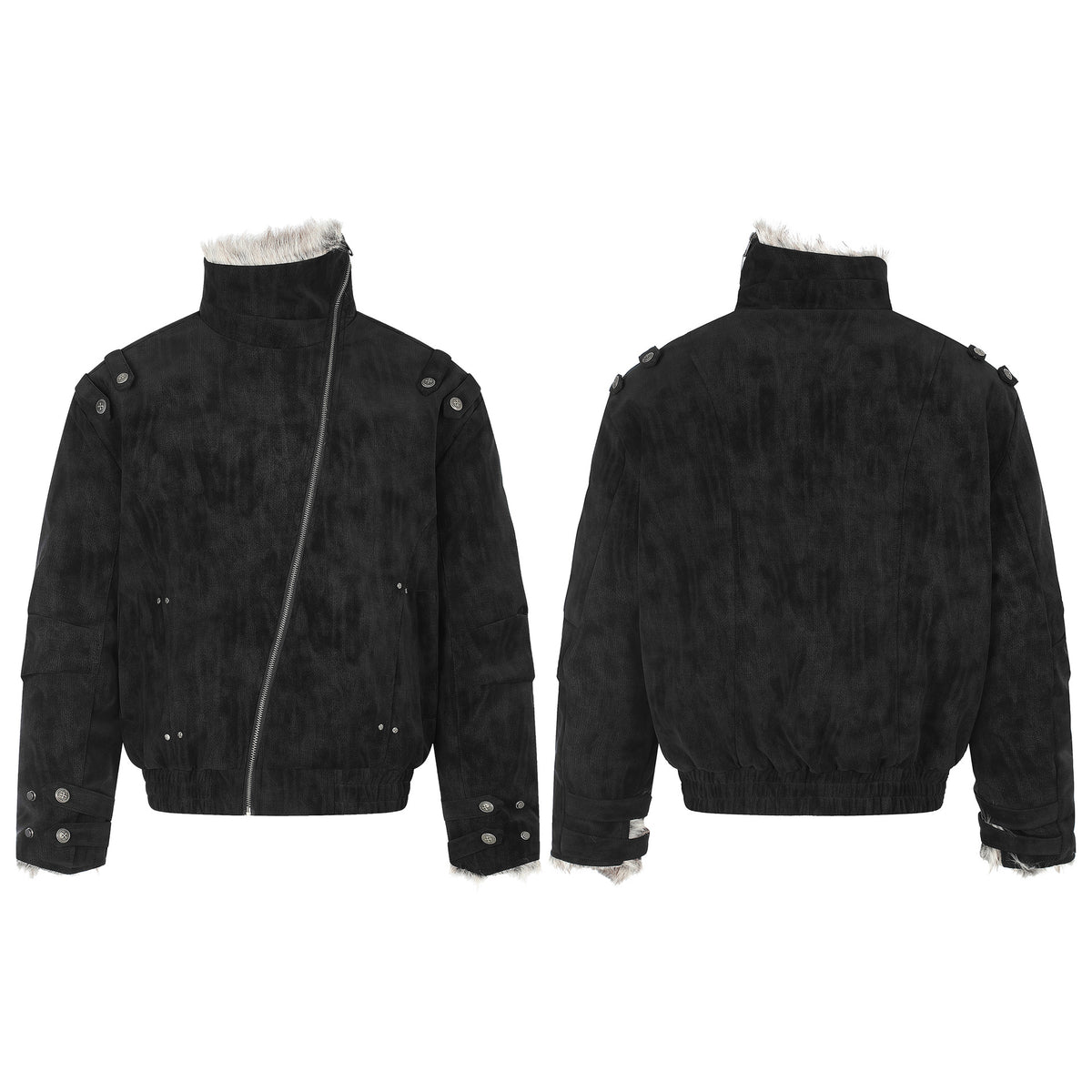 Workwear Faux Suede Diagonal Zipper Large Fur Collar Padded Winter Jacket