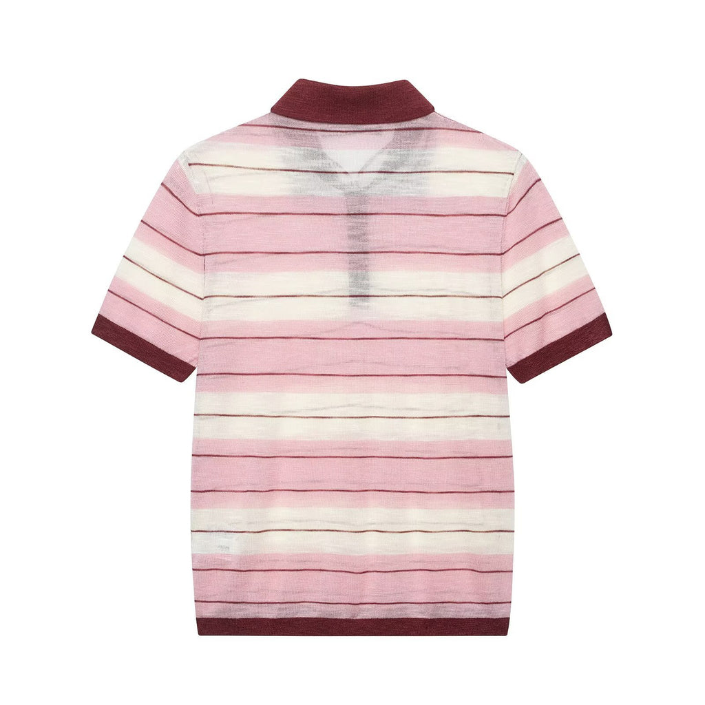 lapel striped short sleeved knitted sweater