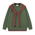 Fake two striped patchwork shawl round neck sweater