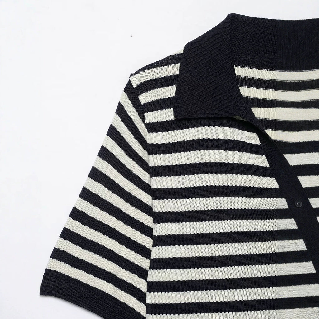 Casual slim fit lapel short sleeved striped knitted sweater for women